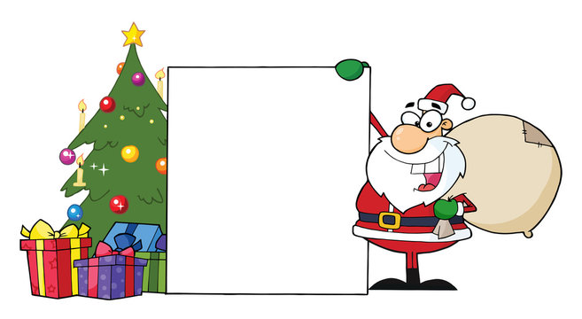 Santa Claus Presenting A Blank Sign And Christmas Tree