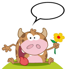 Calf Cartoon Character With Flower With Speech Bubble
