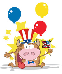 Obraz na płótnie Canvas Patriotic Calf Cartoon Character Waving An American Flag