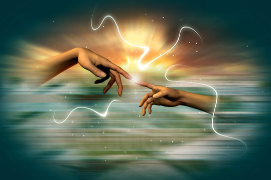 michelangelo's hands on a heavenly background