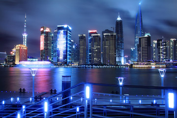 Lujiazui beautiful dreamy blue city night, in Pudong Shanghai