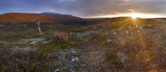 Stitched Panorama, Sun over the mountains