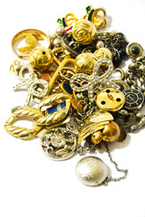 golden silver accessories and jewelry closeup isolated