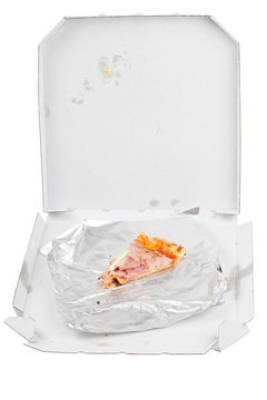 Slice of pizza in a take away box isolated, clipping path