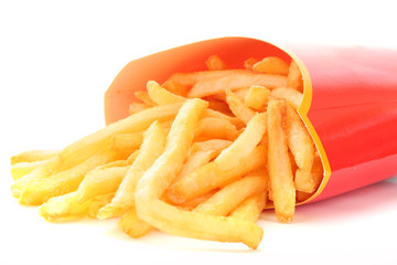 French fries potatoes in red  box on white
