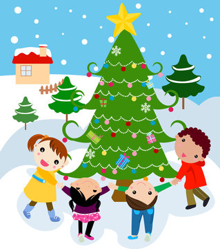 children around a beautiful, festive Christmas tree