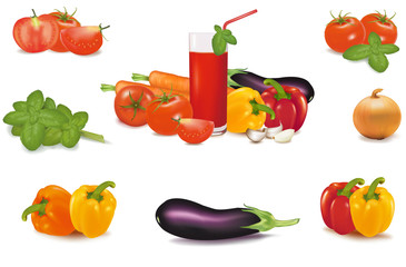 The big colorful group of vegetables and glass of juice. Vector.