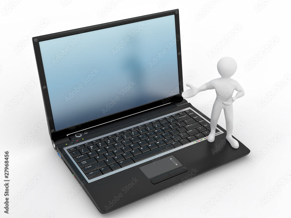 Poster man with laptop on white isolated background