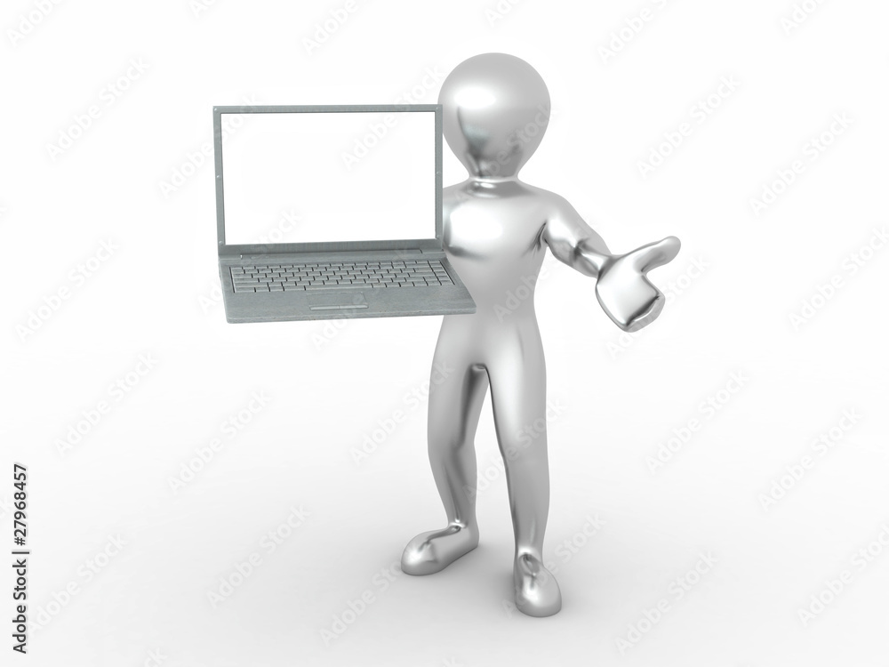 Poster man with laptop on white isolated background