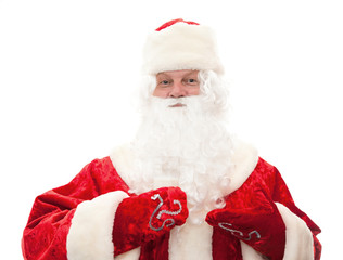 Close up of Santa Claus with a glass of milk isolated on white