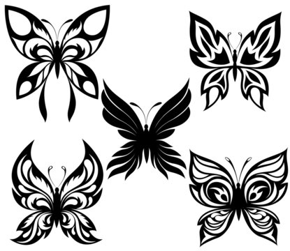 Set  black white butterflies of a tattoo
