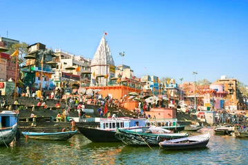 Papier Peint photo autocollant Inde Vue de Prayag ghat sur le Gange sacré, Inde
