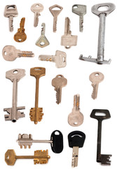 collection of 19 keys isolated white