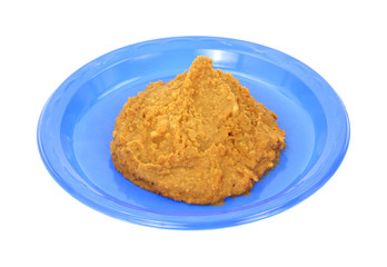 Re-fried beans on blue plastic plate