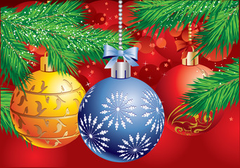 Christmas background with ball and christmas tree branch