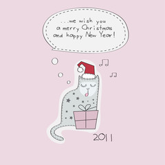 Christmas greeting card with singing cat