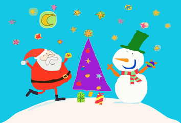 Cute Santa and snowman, vector illustration