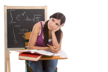 Hispanic college student woman studying math exam