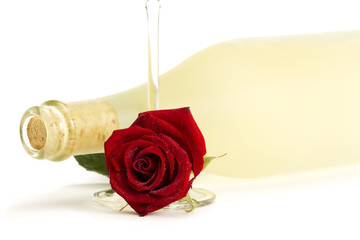 eine rote rose unter einer flasche prosecco mit einem sektglas