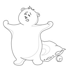 Teddy bear yawning with a pillow, contours