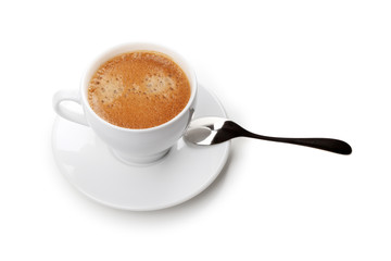 Cappuccino cup with spoon. Above view