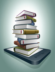 Stack of books on e-reader.