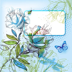 vector frame with  hand drawn flowers, plants and butterflies