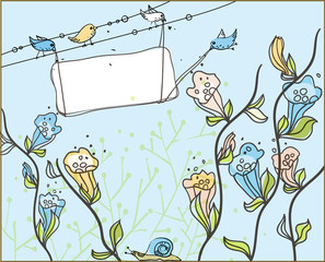 vector frame  with hand drawn  flowers and birds