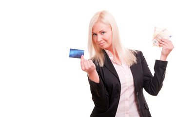 Business woman with a credit card and cash in her hand