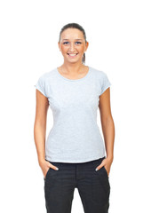 Obraz premium Beauty woman in blank gray tshirt
