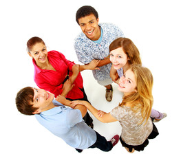 Top view of group of friends standing together isolated