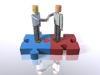 3D figures standing on jigsaw pieces shaking hands