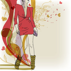 vector background with    a  girl dressed in a red dress