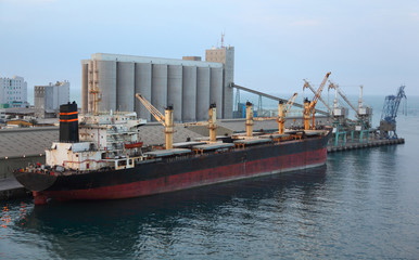 Big cargo ship docked to industrial port at evening in Abu Dhabi