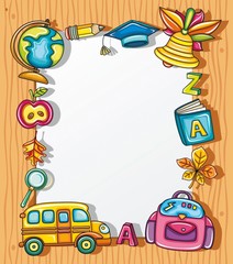 Frame with colorful school icons,  wooden background