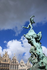 historic medieval statue and buildings in Antwerp, Belgium
