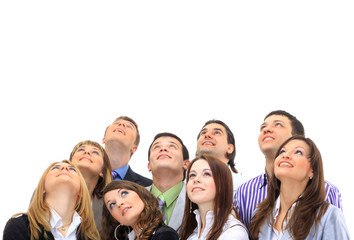 Closeup portrait of many men and women smiling and