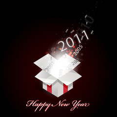 Open gift with "years" flying out. New year greeting. Vector