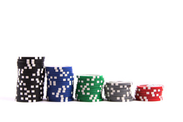 stacks of casino poker chips isolated on white background
