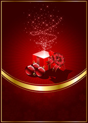 Gift box on red background with Christmas ball