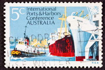 Australian Postage Stamp Used Tug Freighter Ship Docked Harbor