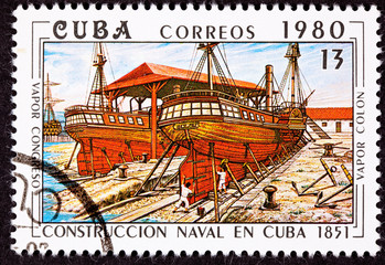 Cuba Postage Stamp Vapor Colon Construction in Cuban Dry-dock