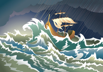 Ship sinking in the storm, vector illustration