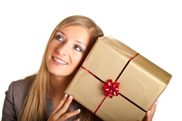 Blond caucasian woman in formal dress with gift boxes isolated