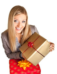 Blond caucasian woman in formal dress with gift boxes isolated