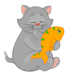 Vector cartoon little kitten with fish