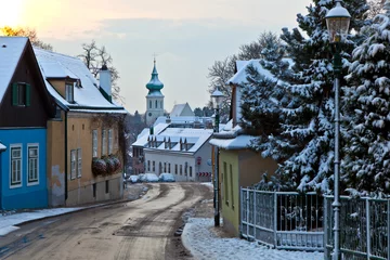 Fototapeten village of Grinzing in early morning light in Wintertime © travelview