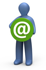 Little man holding a small round green button with email symbol
