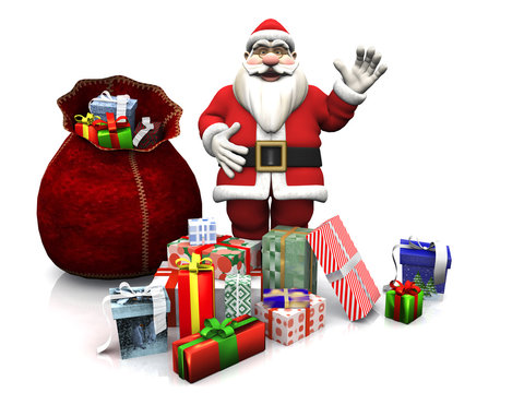 Cartoon Santa with Christmas gifts.