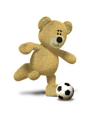 Nhi Bear kicks a soccer ball
